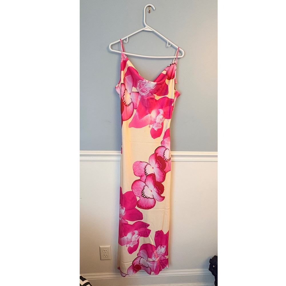 Paper Heart Pink Orchid Floral Maxi Slip Dress Garden Party Wedding Tropical Med